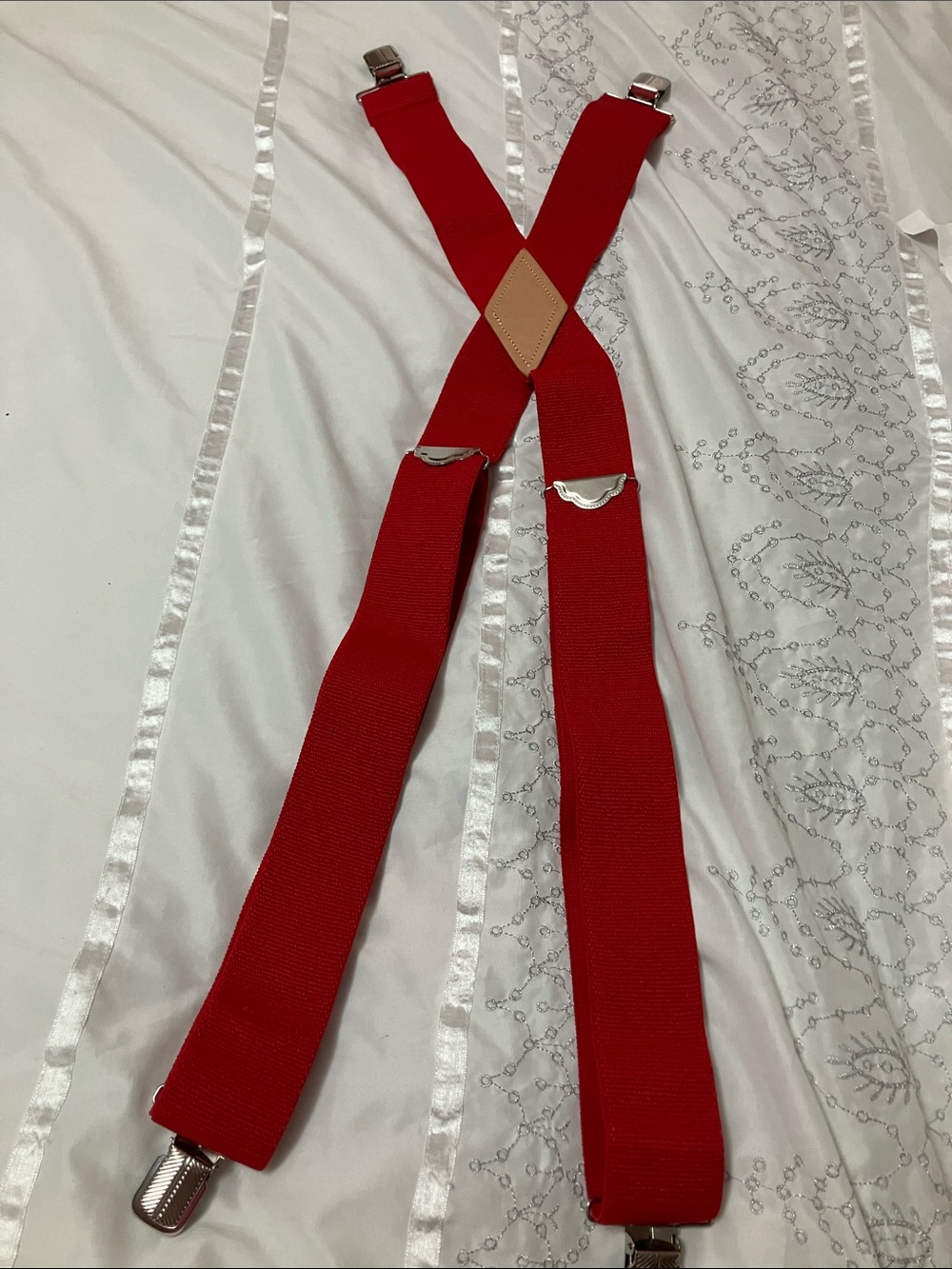 Classic Men's Red Elastic Suspenders with Tan Back Patch